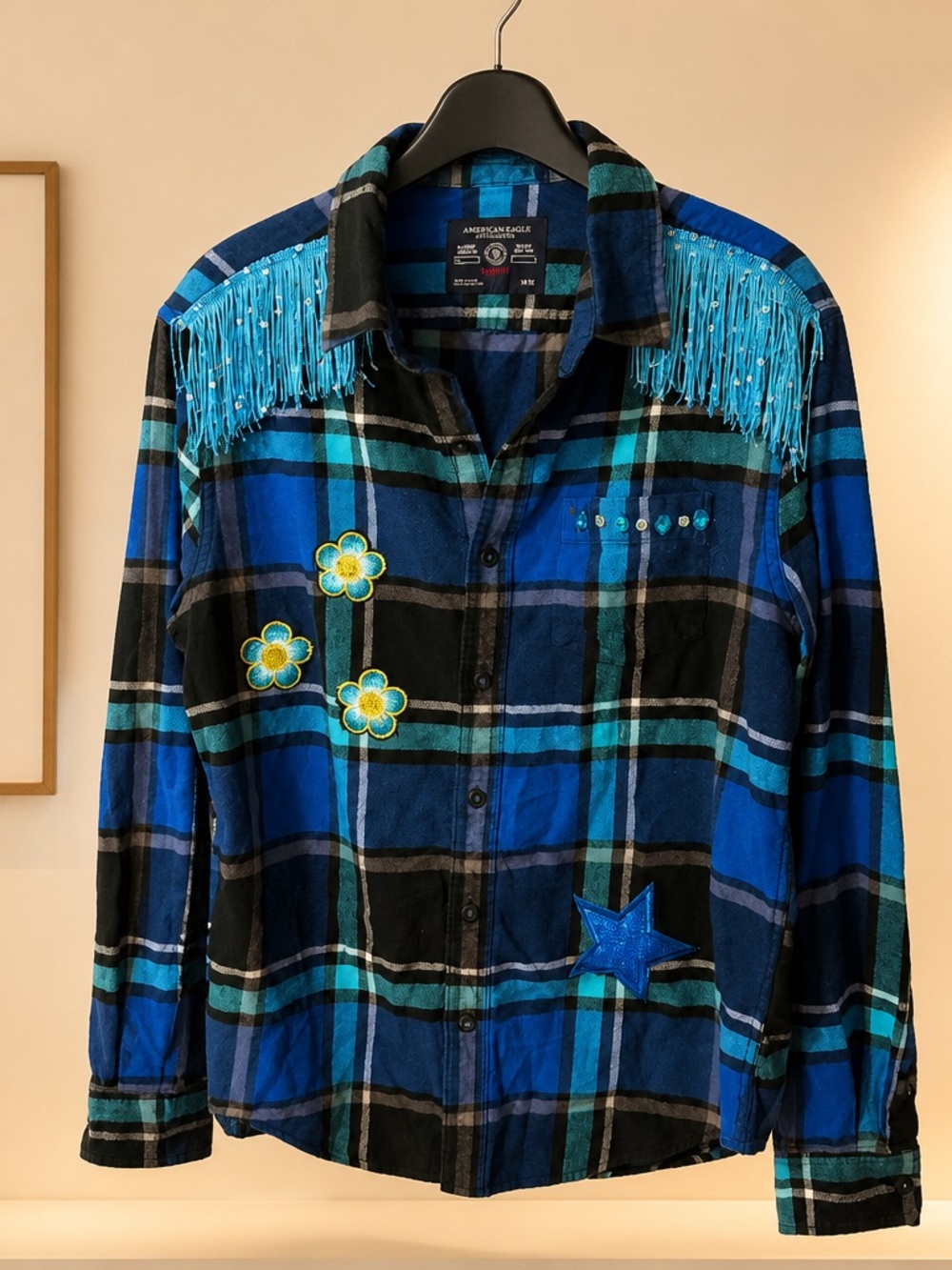 American Eagle Outfitters Blue & Black Plaid Fringe Button-Down Shirt